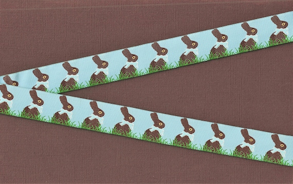 ANIMALS/Farm E-01-B Jacquard Ribbon Poly Trim 7/8" wide (22mm) EASTER Blue Background w/Chocolate Bunny Rabbits, Blue Bows