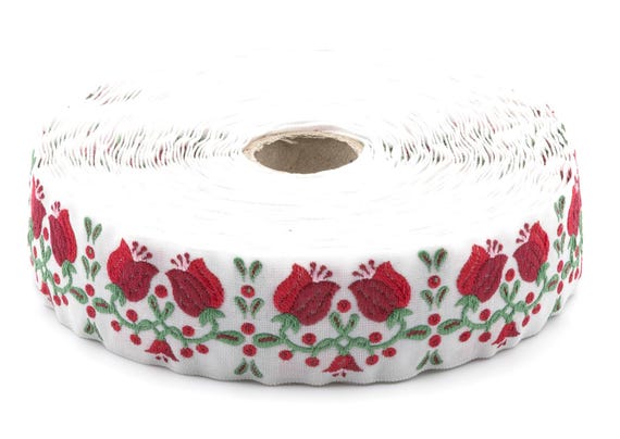 KAFKA F-18/05 Jacquard Ribbon Woven Organic Cotton Trim 1" wide (25mm) White Background w/Variegated Red Bellflowers, Green Leaves, Holiday