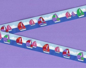 SPORTS/Nautical G-03-A Jacquard Ribbon Poly Trim 1-1/8" wide (28mm) Bright Colorful Sailboats