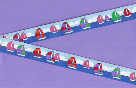 SPORTS/Nautical G-03-A Jacquard Ribbon Poly Trim 1-1/8" Wide (28mm) Douglas Paquette, "Spinnaker" Bright Colorful Sailboats, Per Yard