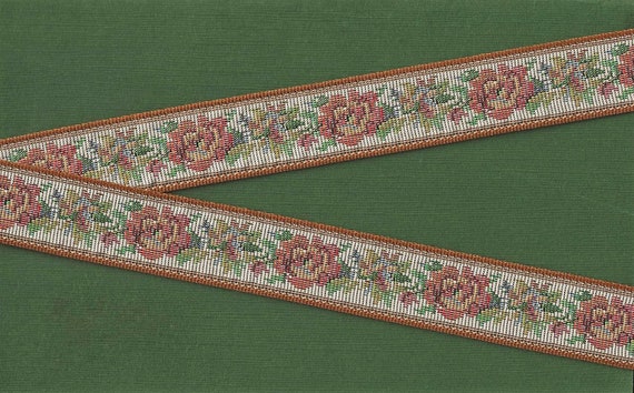 FLORAL TAPESTRY F-22-B Jacquard Ribbon Poly Trim 1-1/8" wide (28mm) "Petit Point" Variegated Peach Flowers, Green Leaves on Gray