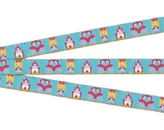 CHILDREN's Fairy Tales C-13-A Jacquard Ribbon Poly Trim 5/8" wide (16mm) Turq w/Cinderella, Crown, Coach & Castle
