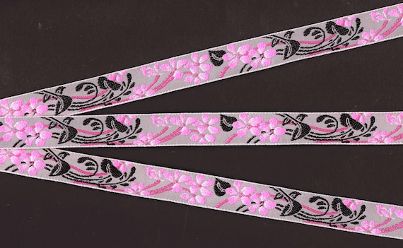 FLORAL C-29-B Jacquard Ribbon Poly Trim  5/8" wide (16mm) Lt Gray w/Pink Flowers, Black Vines