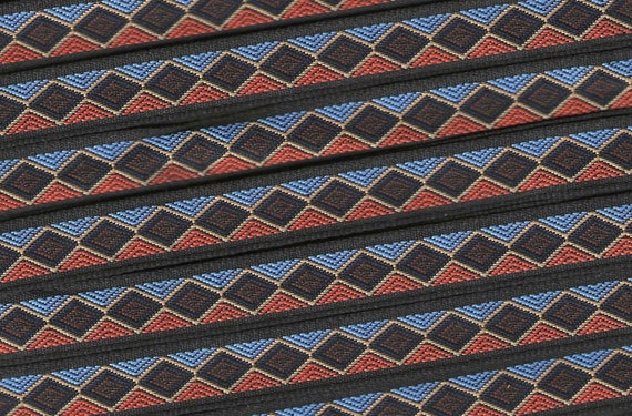 GEOMETRIC B-15-B Jacquard Ribbon Polyester Trim 1/2" Wide (13mm) Diamond Pattern in Black, Blue, Orange, Brown & Beige