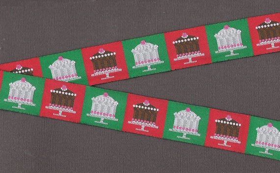 HOLIDAY G-11-A Jacquard Ribbon Polyester Trim 1-1/8" wide (28mm) LFNTextiles Xmas, Red & Green Birthday Wedding Party Tiny Cakes, Per Yard