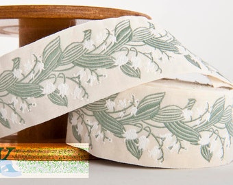 KAFKA H-02/01 Jacquard Ribbon Woven Organic Cotton Trim 1-1/2" wide (40mm) IVORY w/White Lilies of the Valley, Gray/Green Leaves