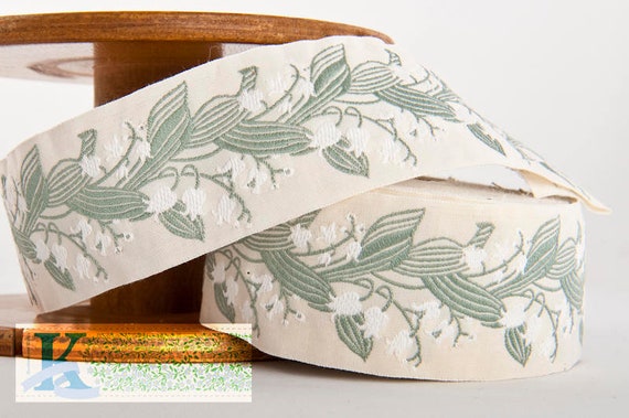 KAFKA H-02/01 Jacquard Ribbon Woven Organic Cotton Trim 1-1/2" wide (40mm) IVORY w/White Lilies of the Valley, Gray/Green Leaves