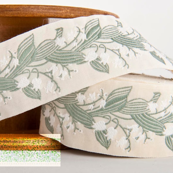 KAFKA H-02/01 Jacquard Ribbon Woven Organic Cotton Trim 1-1/2" wide (40mm) IVORY w/White Lilies of the Valley, Gray/Green Leaves