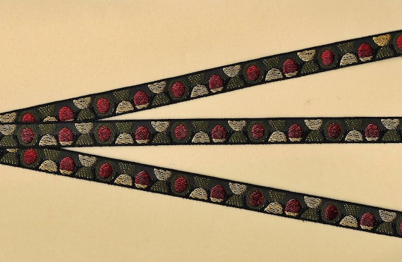 POLKA DOTS B-21-C Jacquard Ribbon Poly Trim 1/2" Wide (13mm) RARE Made in France Black with Red, Tan & Olive Mod Retro Polka Dots
