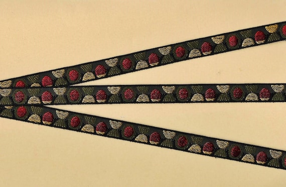 POLKA DOTS B-21-C Jacquard Ribbon Poly Trim 1/2" wide (13mm) RARE Made in France Black with Red, Tan & Olive Mod Retro Polka Dots