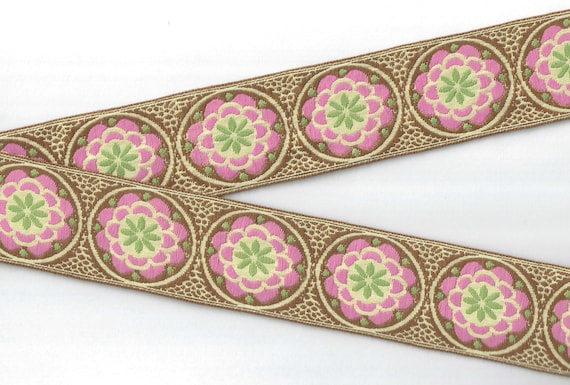 VINTAGE FLORAL K-11-F Jacquard Ribbon Cotton/Poly Trim 1-7/8" wide (48mm) VINTAGE Pale Yellow/Brown w/Pink & Lime Flower Medallions