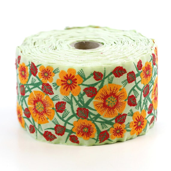 KAFKA L-02/04 Jacquard Ribbon Woven Organic Cotton Trim 2-3/8" wide (60mm) Pale Lime Green w/Orange & Red Poppies, Red Leaves, Green Stems
