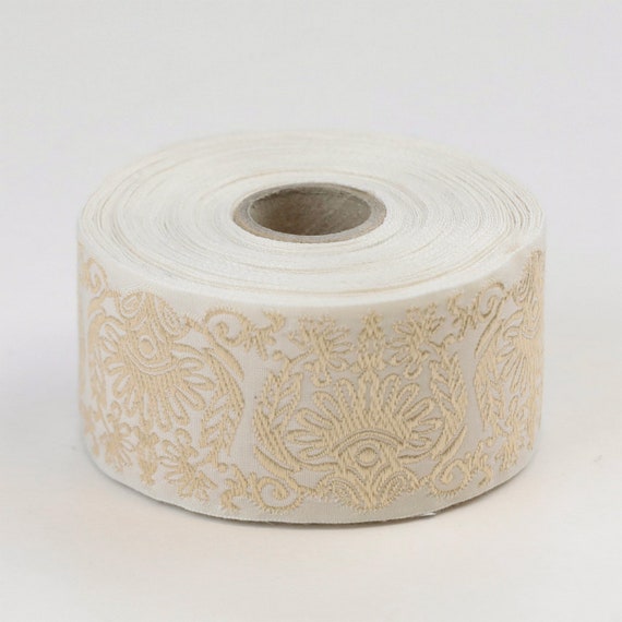 KAFKA H-20/10 Jacquard Ribbon Woven Organic Cotton Trim 1+5/8" wide (41mm) Beautiful "Lace" Pattern in Beige on Ivory Background