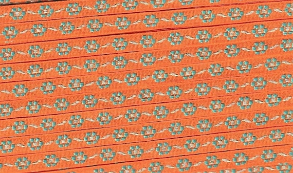 FLORAL A-02-F Jacquard Ribbon Poly Trim 5/16" wide, Orange Background w/Petite Turquoise Flowers & Metallic Silver Accents