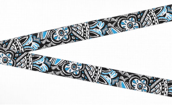FLORAL D-56-A Jacquard Ribbon Poly Trim 3/4" wide (20mm) Black & White w/Stripes and Blue Accents