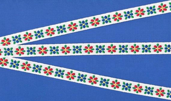 FLORAL C-12-B Jacquard Ribbon Cotton Trim, 5/8" Wide (16mm) White Background Red & Blue Flowers, Yellow Dot Centers, Green Leaves, Per Yard