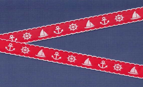 CHILDREN's NAUTICAL C-35-B Jacquard Ribbon Poly Trim 3/4" wide (20mm) VINTAGE Red w/White Anchors, Captain's Wheels, Sailboats, Picot Edging