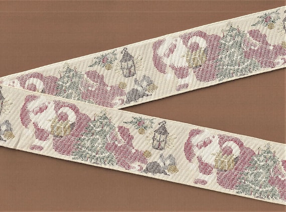 HOLIDAY M-03-A Jacquard Ribbon Cotton Trim 2-1/8" Wide (54mm) VINTAGE Santa Crawling Gifts/Tree, Child/Dog on Ivory, Per Yard