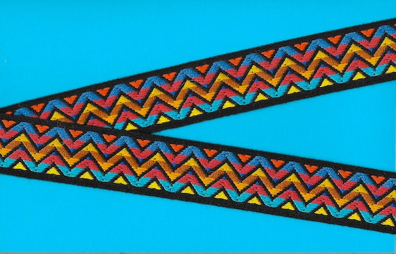 GEOMETRIC G-20-A Jacquard Ribbon Cotton Trim,1-1/4" Wide (32mm) Black w/Yellow, Turq, Red, Blue, Orange & Brown ZigZag Design, Per Yard