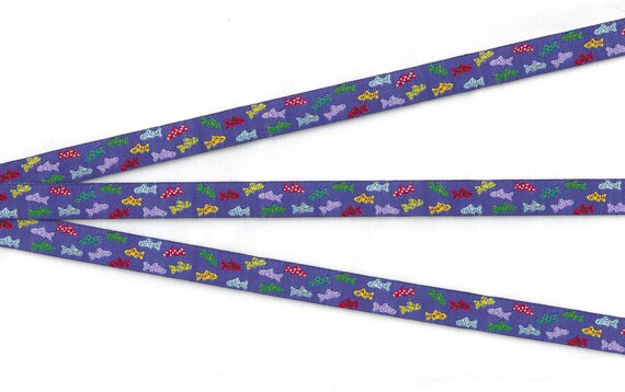 RDS B-12-A Jacquard Ribbon Poly Trim 1/2" wide (13mm) "Here Fishy-Fishy!" Blue w/Bright Fish