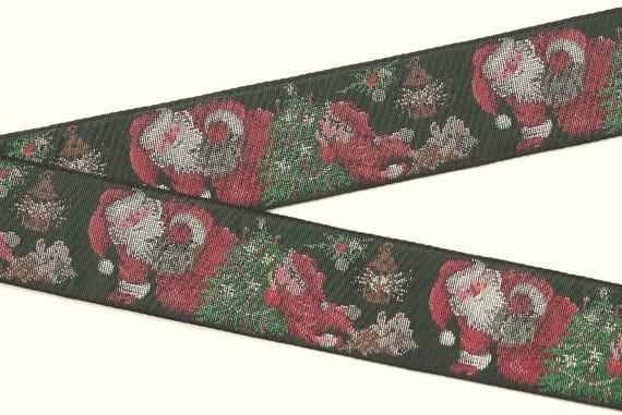 HOLIDAY M-03-C Jacquard Ribbon Cotton Trim 2-1/8" wide (54mm) Dk Green Tapestry with Santa Clause, Presents, a Christmas Tree & Child
