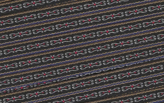 GEOMETRIC A-23-A Jacquard Ribbon Polyester Trim 7/16" wide (10mm) Black w/Gray & Red Scroll Design, Beige Borders