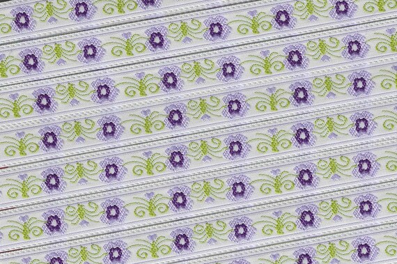 FLORAL B-28-A Jacquard Ribbon Polyester Trim 1/2" wide (13mm) White Background w/Variegated Lilac/Purple Flowers, Olive Green Leaves