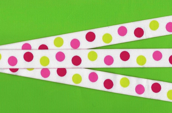 POLKA DOTS E-22-F Jacquard Ribbon Polyester Trim 7/8" wide (22mm) White Background w/Lime Green, Rose Pink and Dark Pink Dots