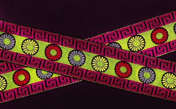 METALLIC L-10 Jacquard Ribbon Poly/Rayon Trim 2" wide (50mm) Lime Background w/Magenta Greek Key Design & Flowers, Metallic Gold Borders