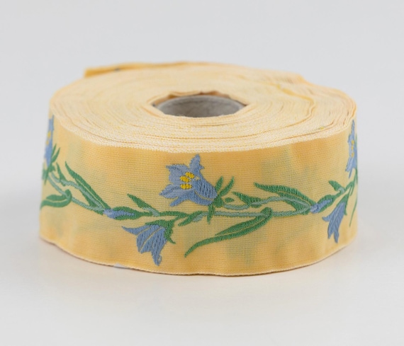 KAFKA G-02/10 Jacquard Ribbon Woven Organic Cotton Trim 1-1/4" wide (32mm) Yellow Background w/Blue & Yellow Bellflowers, Green Stems/Leaves