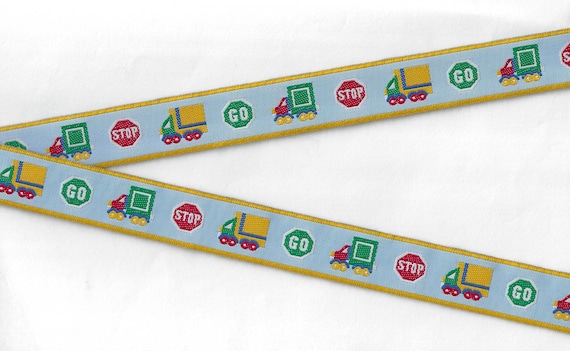 CHILDREN's E-22-A Jacquard Ribbon Poly Trim 7/8" wide (22mm) Blue Background with Trucks, STOP & GO Traffic Signs
