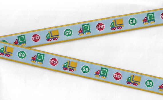 CHILDREN's E-22-A Jacquard Ribbon Poly Trim 7/8" wide (22mm) Blue Background with School Buses & STOP Signs