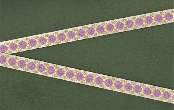 FLORAL C-51-A Jacquard Ribbon Poly Trim 5/8" wide (15mm) Pale Gray Background w/Lilac & Orange Flowers, Beige Accents