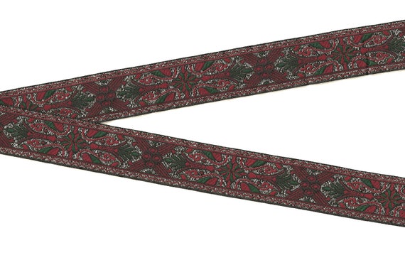 HOLIDAY F-13-A Jacquard Ribbon Poly Trim 1" wide (25mm) Metallic Gold w/Dark Red & Green Design, Per Yard