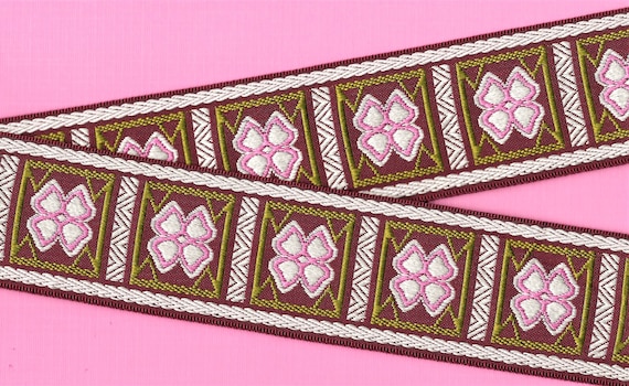 FLORAL L-14 Jacquard Ribbon Poly Trim, 2" Wide (50mm) Burgundy Block Design w/White & Pink Flowers, Lime Green Accents