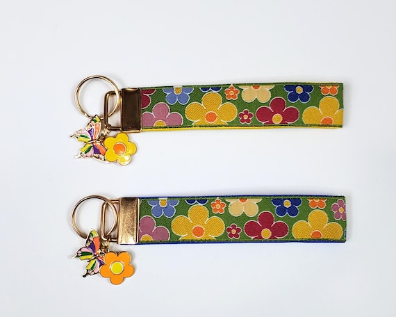 FLORAL Jacquard Ribbon/Nylon Web 1" wide (25mm) Key Fobs, Floral w/Charms, Keychain, Key Wristlet, Luggage Tags, 5.5" long