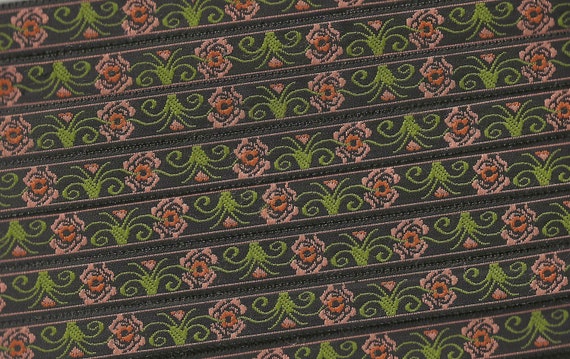 FLORAL B-28-G Jacquard Ribbon Polyester Trim 1/2" wide (13mm) Black Background w/Variegated Peach/Gold Flowers, Olive Green Leaves, Per Yard
