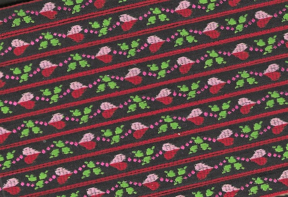 HEARTS/FLOWERS B-12-O Jacquard Ribbon Cotton Trim, 1/2" Wide (13mm) Black w/Pink & Red Hearts, Pink Accents, Green Leaves, Per Yard