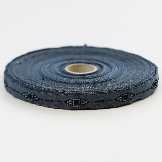 KAFKA A-04/24 Jacquard Ribbon Organic Cotton Woven Trim 7/16" wide (10mm) Gray Background w/Black Small Diamonds, Blue Accents