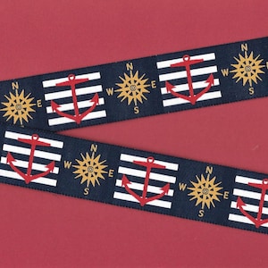 SPORT/Nautico G-11-A Nastro Jacquard Poly Trim 1-1/8" di larghezza (28 mm) Douglas Paquette, blu navy con ancore rosse, bussole gialle, tagliato su misura