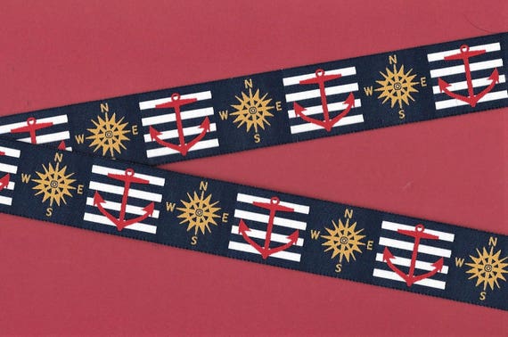 SPORTS/Nautical G-11-A Jacquard Ribbon Poly Trim 1-1/8" Wide (28mm) Douglas Paquette, Navy w/Red Anchors, Yellow Compasses, Per Yard