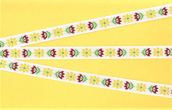 FLORAL C-05-A Jacquard Ribbon Cotton Trim 5/8" wide (16mm) White Background w/Red and Yellow Flowers, Green Leaves, Folk Design