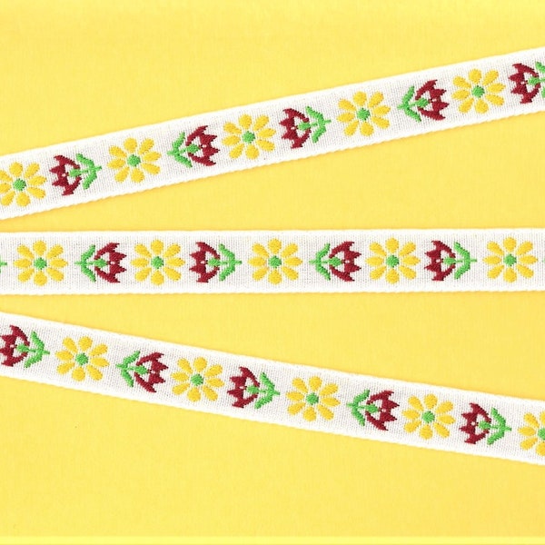 FLORAL C-05-A Jacquard Ribbon Cotton Trim 5/8" wide (16mm) White Background w/Red and Yellow Flowers, Green Leaves, Folk Design