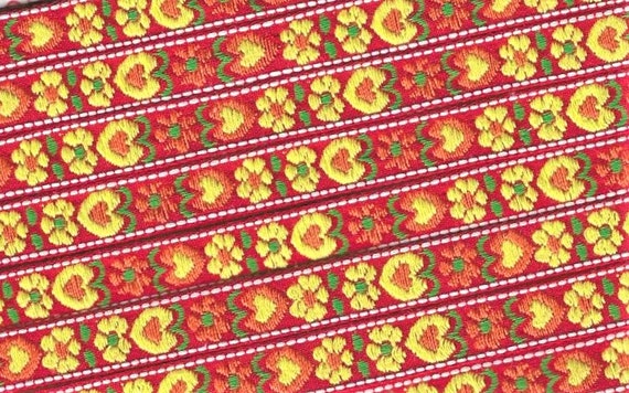 HEARTS/FLOWERS B-14-B Jacquard Ribbon Cotton Trim 1/2" wide (13mm) Red w/Orange Flowers Yellow Hearts