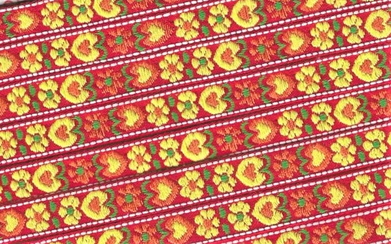 HEARTS/FLOWERS B-14-B Jacquard Ribbon Cotton Trim 1/2" wide (13mm) Red Background w/Orange/Yellow Hearts Flowers, Green Accents