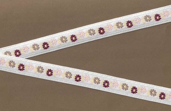 FLORAL D-16-A Jacquard Ribbon Cotton Trim 3/4" wide (20mm) VINTAGE, Ivory w/Pale Pink/Tan & Burgundy Flowers, Pale Yellow Accents