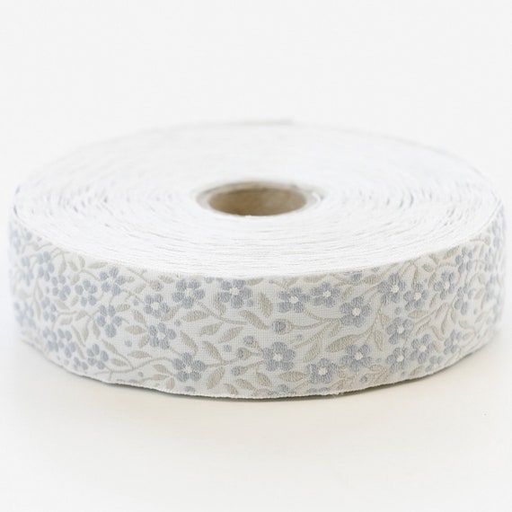 KAFKA F-01/99 Jacquard Ribbon Woven Organic Cotton Trim 1" wide (25mm) White Background w/Pale Blue Forget-Me-Nots, Beige Leaves & Vines