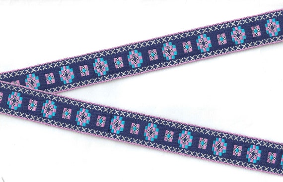 NATIVE AMERICAN E-13-D Jacquard Ribbon Cotton Trim 7/8" wide (22mm) Blue w/Pink Border, Yurquoise, Pink & White "Cross Stitch" Motif