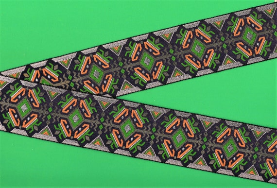 GEOMETRIC L-12-A Jacquard Ribbon Woven Rayon Trim 2-1/8" wide (54mm) VINTAGE Art Deco Navy Lilac Orange Green w/ Metallic Accents, Per Yard