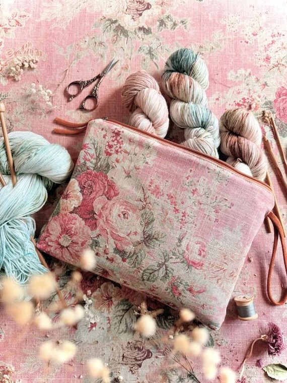 ATENTI Handmade Bags "ROSEWOOD" in Shades of Warm Pink Floral Grand Accessory Pouch Needle Arts Organizer, Cosmetics, USA Made